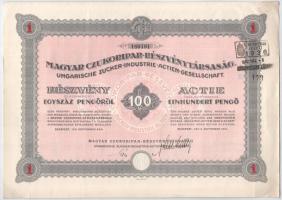 Budapest 1941. "Magyar Czukoripar-Részvénytársaság" részvénye 100P-ról szelvényekkel, szárazpecséttel (2x) sorszámkövetők T:F