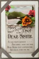 60 db RÉGI angol üdvözlő képeslap egy kis régi szakadt albumban, vegyes minőségben / 60 pre-1945 English greeting postcards in a small damaged album, mixed quality