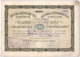 Budapest 1906. "Beocsini Cementgyári Unió Részvénytársaság" részvénye 200K-ról, magyar és ...