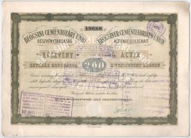 Budapest 1906. "Beocsini Cementgyári Unió Részvénytársaság" részvénye 200K-ról, magyar és ...