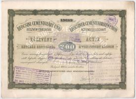 Budapest 1906. "Beocsini Cementgyári Unió Részvénytársaság" részvénye 200K-ról, magyar és ...