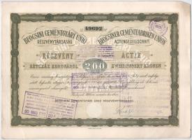 1906 Budapest "Beocsini Cementgyári Unió Részvénytársaság" részvénye 200K-ról, magyar és n...