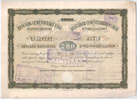 1906 Budapest "Beocsini Cementgyári Unió Részvénytársaság" részvénye 200K-ról, magyar és n...