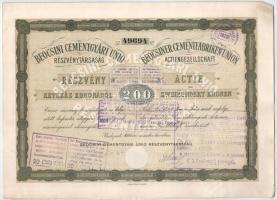 1906 Budapest "Beocsini Cementgyári Unió Részvénytársaság" részvénye 200K-ról, magyar és n...