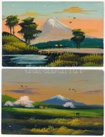 13 db RÉGI japán művész képeslap, falemezek is / 13 pre-1945 Japanese art postcards, including wooden cards