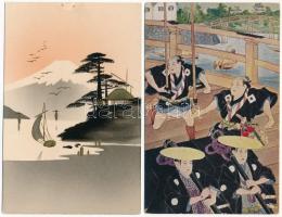 13 db RÉGI japán művész képeslap, falemezek is / 13 pre-1945 Japanese art postcards, including woode...