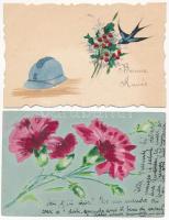 18 db RÉGI kézzel festett képeslap vegyes minőségben / 18 pre-1945 hand-painted postcards in mixed q...