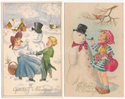 7 db RÉGI karácsonyi és újévi üdvözlő képeslap vegyes minőségben: hóemberek / 7 pre-1945 Christmas a...