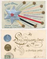 14 db RÉGI dombornyomott és litho üdvözlő képeslap vegyes minőségben / 14 pre-1945 embossed and lith...