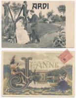 12 db RÉGI francia romantikus üdvözlő képeslap: nevek és betűk / 12 pre-1945 French romantic greeting postcards: letters, alphabets, names