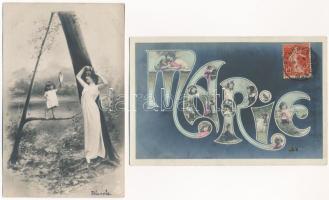 12 db RÉGI francia romantikus üdvözlő képeslap: nevek és betűk / 12 pre-1945 French romantic greetin...