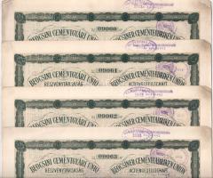 1906. Budapest "Beocsini Cementgyári Unió Részvénytársaság" részvénye 200K-ról, magyar és német nyelven, szelvényekkel, bélyegzésekkel, perforált "CEMENTIA HOLDING RÉSZVÉNYT KIADTUK" felirattal (4x) sorszámkövetők T:XF szakadások