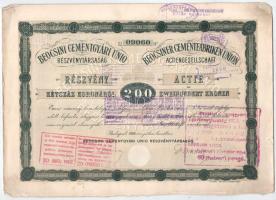 1906. Budapest "Beocsini Cementgyári Unió Részvénytársaság" részvénye 200K-ról, magyar és ...