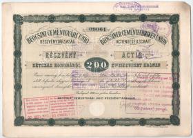 1906. Budapest "Beocsini Cementgyári Unió Részvénytársaság" részvénye 200K-ról, magyar és ...
