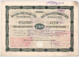 1906. Budapest "Beocsini Cementgyári Unió Részvénytársaság" részvénye 200K-ról, magyar és ...