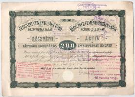 1906. Budapest "Beocsini Cementgyári Unió Részvénytársaság" részvénye 200K-ról, magyar és ...