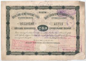 1906 Budapest "Beocsini Cementgyári Unió Részvénytársaság" részvénye 200K-ról, magyar és n...