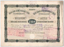 1906 Budapest "Beocsini Cementgyári Unió Részvénytársaság" részvénye 200K-ról, magyar és n...