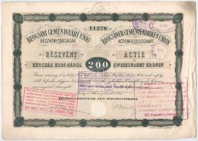 1906 Budapest "Beocsini Cementgyári Unió Részvénytársaság" részvénye 200K-ról, magyar és n...