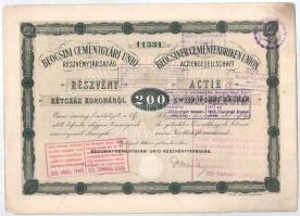 1906 Budapest "Beocsini Cementgyári Unió Részvénytársaság" részvénye 200K-ról, magyar és n...