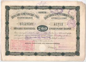 1906 Budapest "Beocsini Cementgyári Unió Részvénytársaság" részvénye 200K-ról, magyar és n...