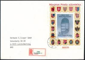 1991 A Magyar Köztársaság címere hologramos blokk 000699 sorszámmal a "Magyar Posta ajándéka" felirattal 1992-as ajánlott levélen Németországba küldve (250.000)