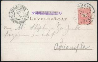 1899 Levelezőlap 5kr bérmentesítéssel, &quot;(...) ZIMONY / 36 (...)&quot; - &quot;ADRIANOPEL / OESTERREICHISCHE POST&quot;