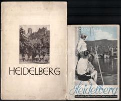 Heidelberg. Heidelberg, Heidelberger Veragsanstalt und Druckerei, 16 sztl. lev. Német nyelven. Fekete-fehér fotókkal. Kiadói papírkötés, foltos, szakadt borítóval. + Holidays in Heidelberg. AN English Guide to the Town, Castle and Environs. Heidelberg,[1945.], Brausdruck, 52 p. + 1 (kihajtható alaprajz) t. + 1 (kihajtható térképmelléklet) t. Heidelberg és környékét ábrázoló melléklettel. Third revised edition. Kiadói papírkötés, szakadt borítóval.   Hadifogoly katona hagyatékából.