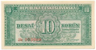 Csehszlovákia 1950. 10K három perforált lyuk "Jb 053008" T:AU / Czechoslovakia 1950. 10 Korun with 3 perforated holes "Jb 053008" C:AU Krause P#69