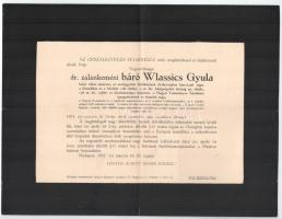 1937 Bp., dr. zalánkeméni báró Wlassics Gyula felsőházi tag gyászjelentése, hajtott