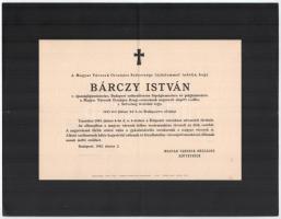 1943 Bp., Bárczy István igazságügy-miniszter gyászjelentése, hajtott