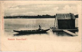 Örsújfalu, Dunaörs, Duna-Újfalu, Nová Stráz (Komárom, Komárno); halász csónakban. Weinwurm Antal kiadása / fisherman in boat on the Danube