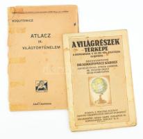 cca 1915 Atlasz a világtörténelem tanításához. Szerk.: Kogutowicz Károly. + cca 1939 A világrészek térképe a népiskolák V-VI-VII-VIII. osztálya számára. Kiadói papírkötés, viseltes, az egyik sérült, széteső állapotban.