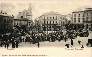 Chernivtsi, Czernowitz, Cernauti, Csernyivci (Bukovina, Bucovina, Bukowina); Ringplatz, Cafe Habsburg, J. Traub, Hotel, Cafe and Restaurant Bellevue, Maison de Blanc, Heinrich Sause / square, shops, market, tram (EK)