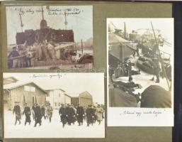 1914-1918 I. világháborús haditengerész és Dunai Flottilla katona fotóalbuma, 112 db rendkívül érdekes feliratozott fényképpel: Szent István csatahajó a Novara, valamint az osztrák-magyar haditengerészet nagyon sok hajójáról készült nevesített izgalmas fotók, olasz városok lövetése, a kikötőben és harc közepette, valamint a legénység élete képekben. valamint számos dunai hajó nevesítve. IV. Károlyról, Horthy Miklósról készült eredeti fotók. Érintetlen anyag, szép bőr albumban. / 1914-1918 World War I sailor and Danube Flotilla soldier's photo album, with 112 extremely interesting captioned photos: Szent István battleship Novara, as well as famous exciting photos of many ships of the Austro-Hungarian navy, shelling of Italian cities, in the harbor and in the midst of battle, and the life of the crew in pictures. as well as numerous Danube ships named. . Original photos of Károly and Mikós Horthy. Pristine material, beautiful leather in album.