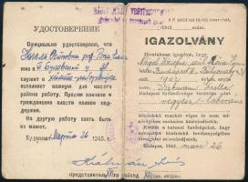 1945 Bp., Orosz és magyar nyelvű igazolvány szabad közlekedés biztosítására