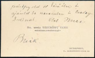 cca 1945-50? dr. vitéz Szecsődy Imre, egyetemi magántanár, igazgató főorvos autográf sorai és aláírása saját névjegykártyáján, vitéz és egyetemi magántanár áthúzva!