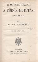 Salamon Ferenc:  Magyarország a török hódítás korában. Budapest, (1885). Franklin-Társulat Magyar Irodalmi Intézet és Könyvnyomda. XVI + 502 p. Salamon Ferenc (1825-1892) nagykőrösi pedagógus, fővárosi közíró, később történész, döntően a török korral foglalkozott. A hadtörténeti lehetőségekkel kecsegtető időszak mégsem hadi eseménykrónika, sokkal inkább népesedés-, társadalom-, adó- és közigazgatás-történet. A monográfia alaposan körül járja a hódoltsági terület falupusztulásának okait, de kiemeli, hogy a falupusztulással egy időben bizonyos hódoltsági mezővárosok jelesebb önkormányzatiságra tettek szert, Kecskemét, Nagykőrös hódoltsági mezővárosok belső működéséről pedig emlékezetes részeket tesz közzé, természetesen nem elfeledkezve arról, hogy a török uralom - bár az adóztatáson kívül kevéssé kívánta a maga képére formálni a helyi társadalmat - mindent összevéve pusztító hatással járt a magyarságra nézve. A munka első kiadása 1864-ben jelent meg, példányunk a második kiadásból való. Néhány oldal fűzése a gerincnél megerősítve. Aranyozott gerincű korabeli félvászon kötésben. Jó példány.