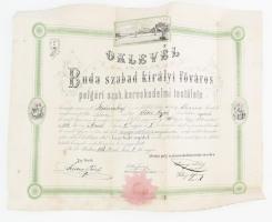 1868 Buda, Buda sz. kir. főváros polgári sz. kereskedelmi testülete által kiállított oklevél kereskedősegéd részére, felzetes szárazpecséttel