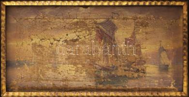 Dekoratív, régi fakeret vitorlásokat ábrázoló, jelzés nélküli olaj-vászon, festménnyel, festmény erő...