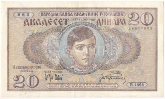 Jugoszlávia 1936. 20D nyomdahibás, mindkét oldalon hiányos, halovány nyomat T:AU Yugoslavia 1936. 20 Dinara both sides with faint, partial print printing error C:AU Krause P#30