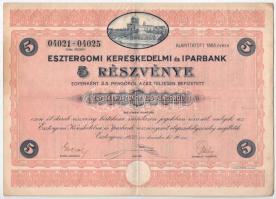 Esztergom 1932. "Esztergomi Kereskedelmi és Iparbank" öt részvénye egyben, összesen 125P-ről, szárazpecséttel és szelvényekkel T:XF / Hungary / Esztergom 1932. "Commerocial and Industrial Bank of Esztergom" 5 shares in one, in total sum of 125 Pengő, with embossed stamp and coupons C:XF