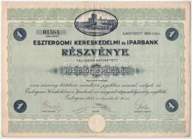 Esztergom 1932. "Esztergomi Kereskedelmi és Iparbank" részvénye 5P-ről, szárazpecséttel és szelvényekkel T:XF / Hungary / Esztergom 1932. "Commerocial and Industrial Bank of Esztergom" share about 5 Pengő, with embossed stamp and coupons C:XF