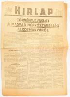 1949 A Hírlap augusztus 7-i száma, címlapon a törvényjavaslat a Magyar Népköztársaság alkotmányáról szóló cikkel