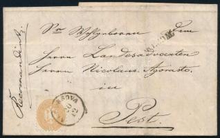 1864 15kr + 10kr ajánlott levélen, a hátoldali 10kr bélyeg eltépve &quot;ALT ORSOVA&quot; - &quot;PESTH&quot;