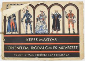 cca 1930-1940 Képes magyar történelem, irodalom és művészet, a Szent István Cikóriagyár gyűjtőalbuma (1. sz. füzet), jórészt hiányos tartalommal, nemzeti színű zsinórral, sérült borító