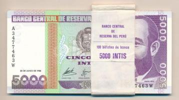 Peru 1988. 5000I (33x) sorszámkövetők, eredeti banki kötegelővel T:UNC,AU Peru 1988. 5000 Intis (33x) consecutive serials with original bank currency strap C:UNC,AU Krause P#137