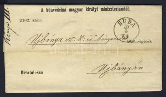 1869. Honvédelmi Minisztérium hIvatalos levele érdekes tartalommal &quot;BUDA&quot; - &quot;ESZTERGOM-NÁNA&quot; - &quot;ÚJBÁNYA&quot;