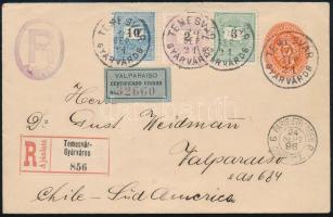 1898.szept.21. Ajánlott 5kr díjjegyes levél 1888-as 2kr + 3kr + 1898-as 10kr díjkiegészítéssel &quot;TEMESVÁR / GYÁRVÁROS&quot; - Valparaiso (Chile) szép és ritka! RRR!