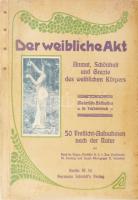 Der weibliche akt. Anmut, Schönheit und Grazie des weiblichen Körpers... Malerische Aktstudien nach der Natur in Farbendruck. 50 Freilicht-Aufnahmen von René Le Bégue, Professor H. L. v. Jan, Kunstmaler W. Hartwig, Kunstphotograph E. Schneider. Berlin, Hermann Schmidt&#039;s Verlag, 2 p. +49 t. Német nyelven. Kiadói papírkötés, a zsinórfűzés hiányzik, a borító foltos, egy tábla hiánnyal.